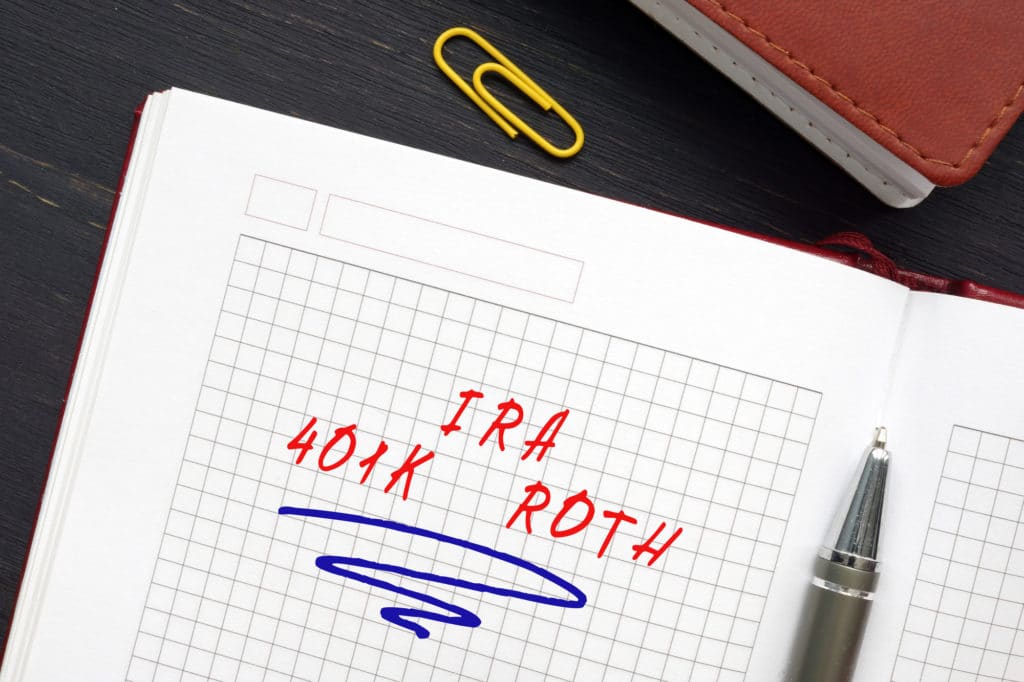 A pen sits on top of a notebook with the words “IRA,” “401k,” and “Roth” written on the page.