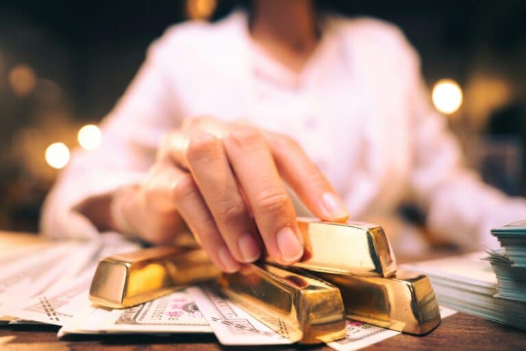 shiny gold bar arrangement in a row. Business Gold future and financial concept