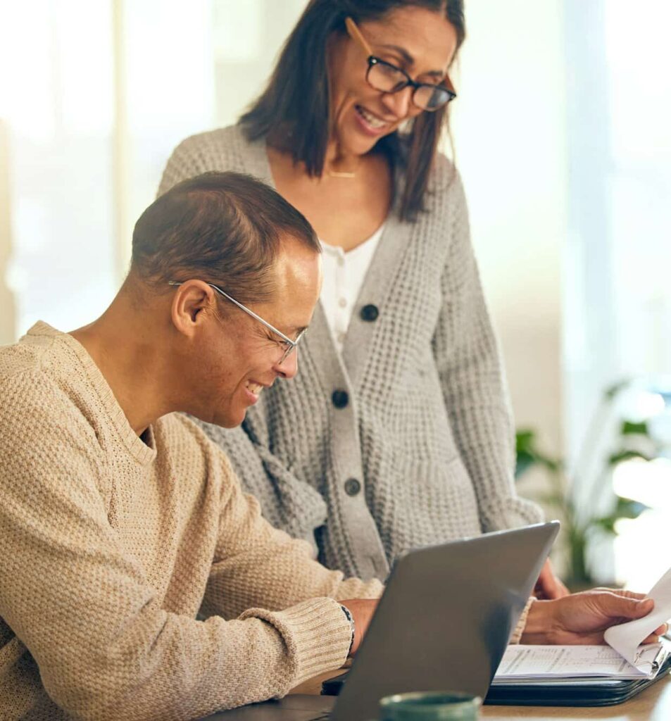 Love, retirement and senior couple with laptop, investment and pension fund planning. Retired, man