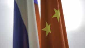 Russian and Chinese flags. Two flags of Russia and China, symbolizing the cooperation between the