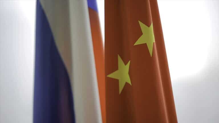 Russian and Chinese flags. Two flags of Russia and China, symbolizing the cooperation between the