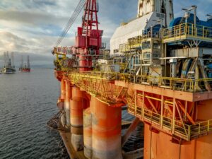 Close Up Aerial View of an Oil and Gas Drilling Rig