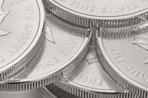 closeup shot of maple leaf fine silver coins from the royal canadian mint